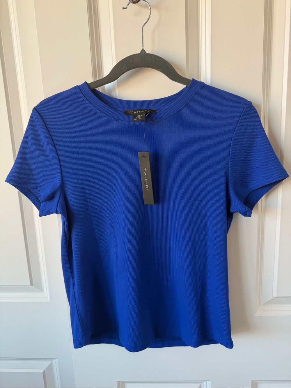 Tahari Cobalt Blue Ribbed Short Sleeve Crewneck Top Size M NWT